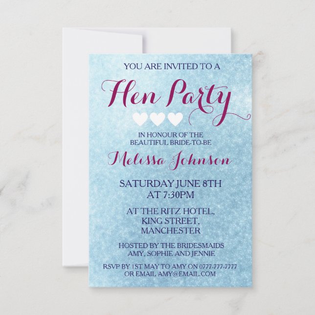 Blue Sparkle Hen Party Einladung (Vorderseite)