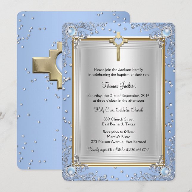 Blue Sparkle Jewel Taufe Christening Gold 2 Einladung (Vorne/Hinten)