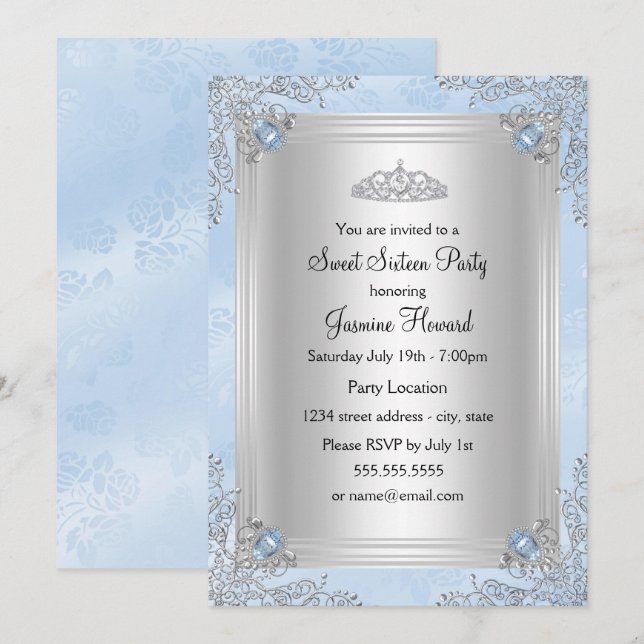 Blue Sparkle Jewel & Tiara Sweet 16 Einladung (Vorne/Hinten)
