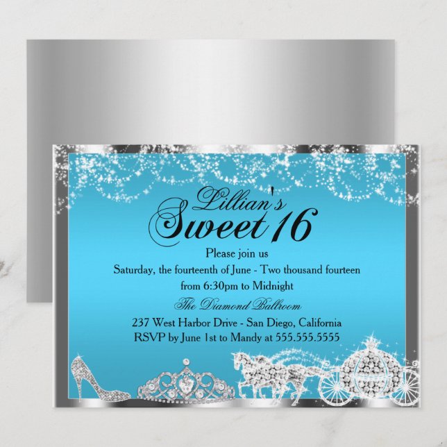 Blue Sparkle Princess Theme Sweet 16 Einladung (Vorne/Hinten)