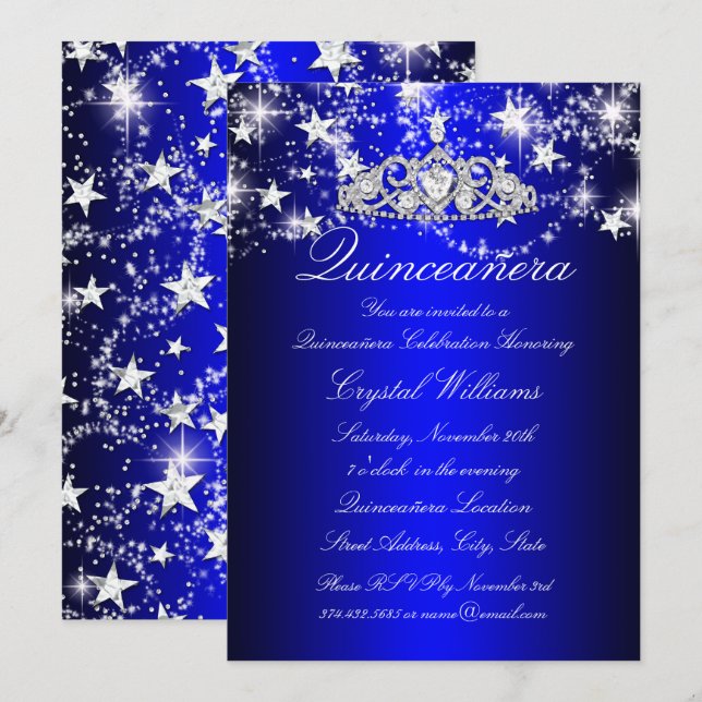 Blue Sparkle Tiara & Stars Quinceanera Einladung (Vorne/Hinten)