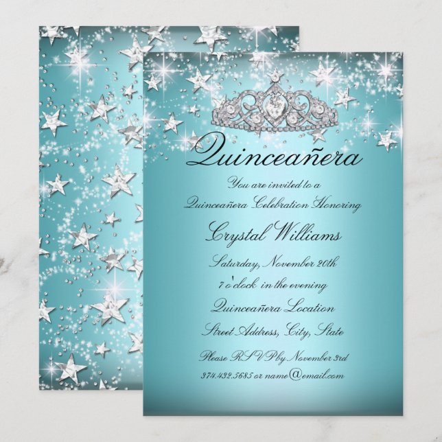 Blue Sparkle Tiara Stars Quinceanera Einladung (Vorne/Hinten)