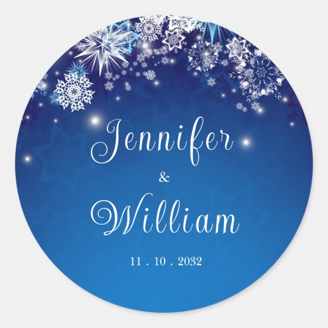 Blue Sparkling Winter Wonderland Wedding Runder Aufkleber (Vorderseite)