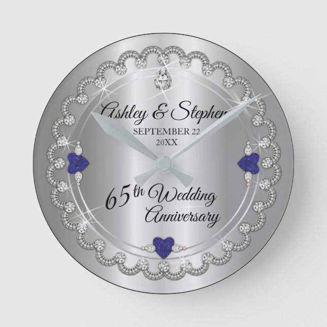 Blue Spinel Diamonds 65. Hochzeitstag Runde Wanduhr (Vorderseite)