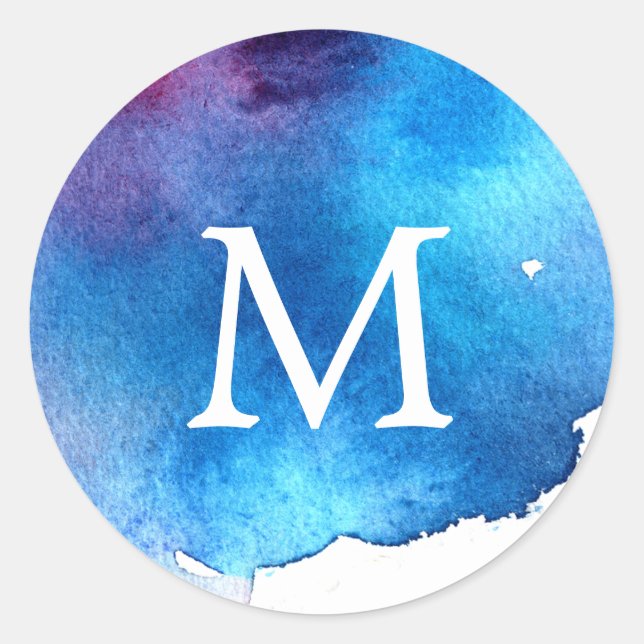 Blue Splash Watercolor Wedding Monogram Runder Aufkleber (Vorderseite)