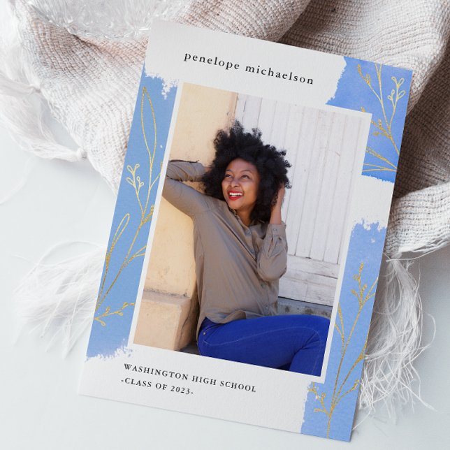 Blue Splashes Botanical Foto Graduation Party Einladung (Von Creator hochgeladen)