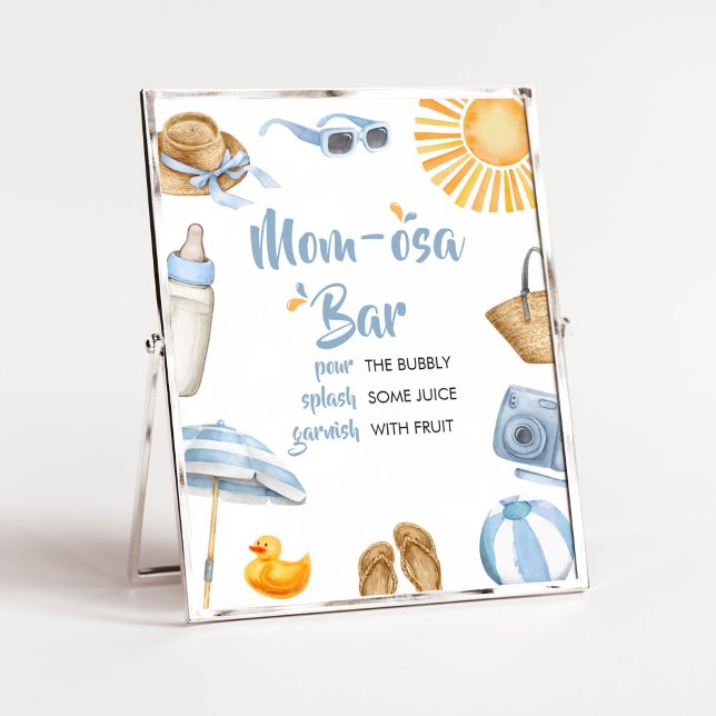 Blue Splish Splash Baby Dusche Mama Osa Bar Poster (Boy Summer Beach Baby Shower Mom Osa Bar Sign)