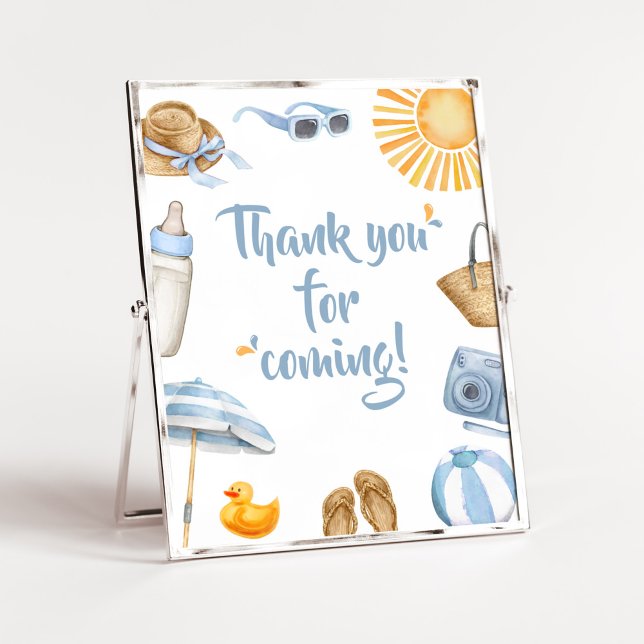 Blue Splish Splash Vielen Dank für Ihr Kommen Poster (Boy Summer Beach Baby Shower Thank you for Coming Sign)