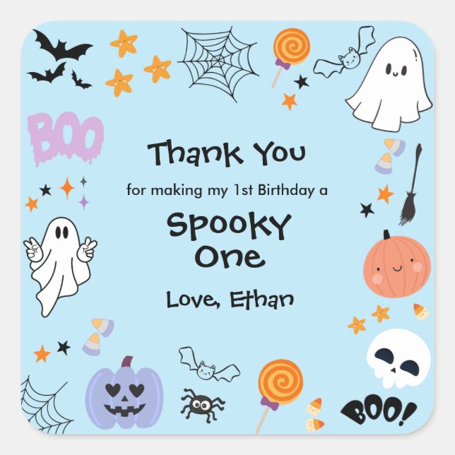Blue Spooky One Niedlich Ghost Halloween 1. Geburt Quadratischer Aufkleber (Vorderseite)