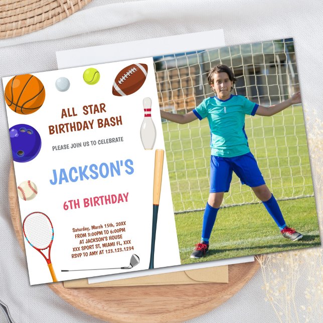 Blue Sports Invitations d'anniversaire avec photo (Blue Sports Birthday Invitations with photo)