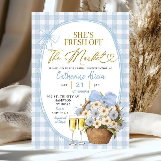 Blue Spring Floral Gingham Coquette Bridal Shower Einladung (Von Creator hochgeladen)