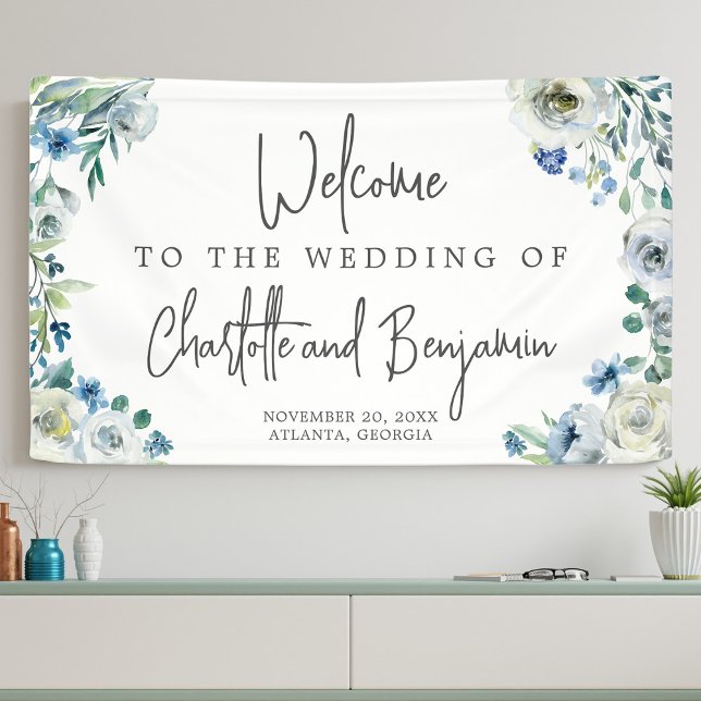Blue Spring Watercolor Blumenchic Hochzeit Willkom Banner (Von Creator hochgeladen)