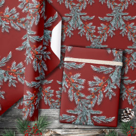 Blue Spruce Red Berries Lattice Dunkelrot Geschenkpapier
