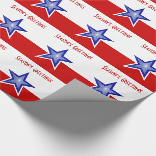 Blue Star Red Season's Greetings Stripe Geschenkpapier