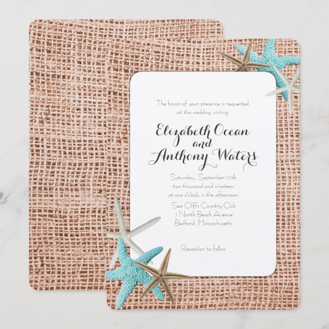 Blue Starfish Beach Burlap Einladungen für Hochzei (Vorne/Hinten)