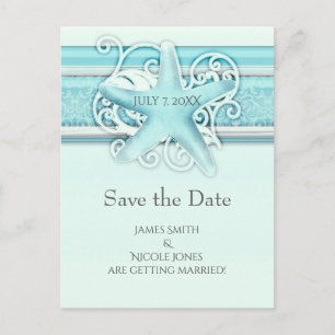 Blue Starfish Beach Elegante Hochzeit Save the Dat Ankündigungspostkarte