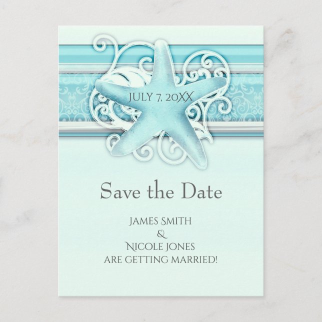 Blue Starfish Beach Elegante Hochzeit Save the Dat Ankündigungspostkarte (Vorderseite)