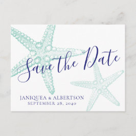 Blue Starfish Beach Hochzeit Save the Date Postcar Ankündigungspostkarte