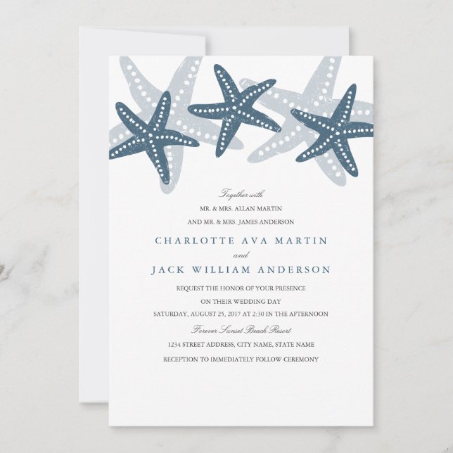 Blue Starfish Beach Wedding Invitation (Devant)