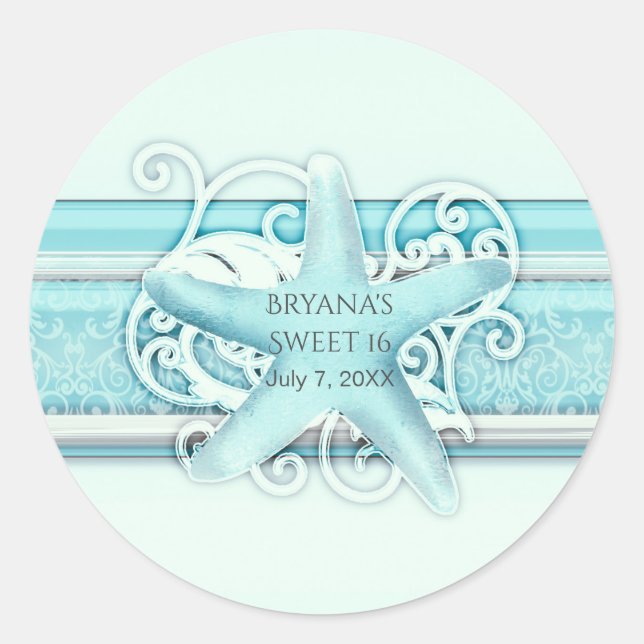 Blue Starfish Eleganter Strand Hochzeit Gefallen Runder Aufkleber (Vorderseite)