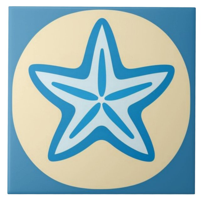 Blue Starfish in Yellow Circle Fliese (Vorderseite)