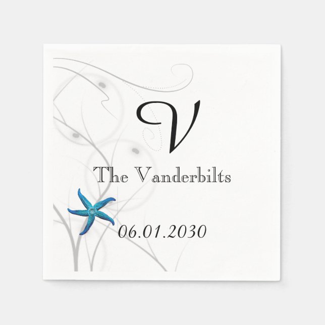 Blue Starfish mit Silver Coral Hochzeit Serviette (Vorderseite)