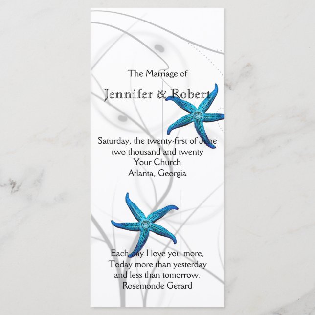 Blue Starfish mit Silver Coral Wedding Program Programm (Vorderseite)