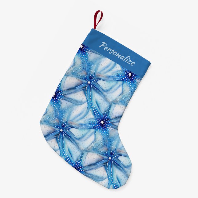 Blue Starfish Pattern Coastal Holiday Christmas Kleiner Weihnachtsstrumpf (Vorderansicht (hängend))