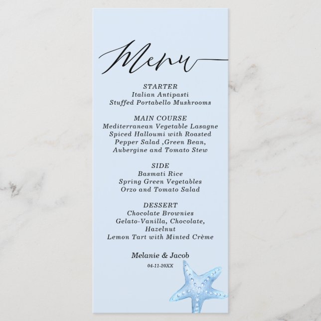 Blue Starfish Summer Wedding Flat Menu Card Menükarte (Vorderseite)