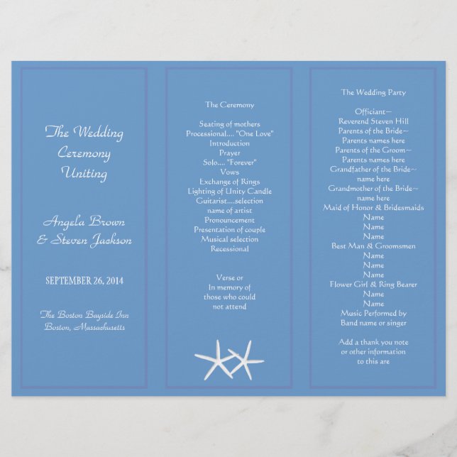 Blue Starfish Tri-Fold Wedding Programme Modèles (Devant)