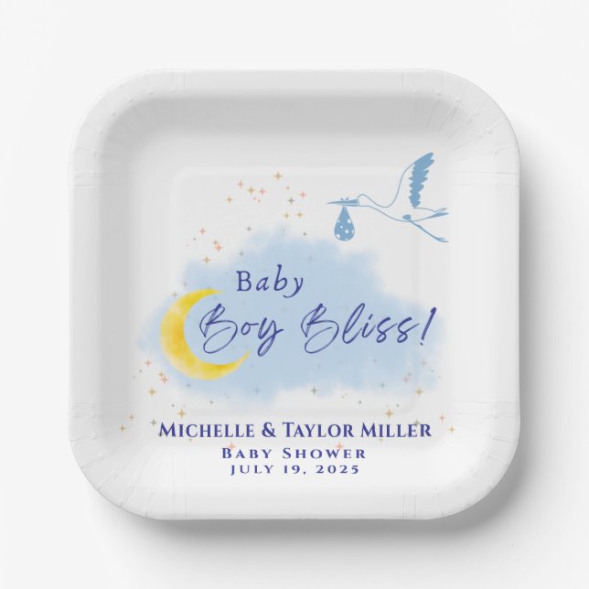 Blue Starlit Baby Boy Bliss Stork Pappteller (Vorderseite)