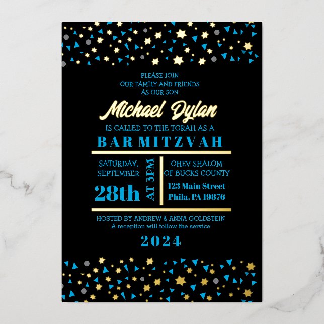 Blue Stars Bar Bat mitzvah Invitation Gold Foil (Recto)