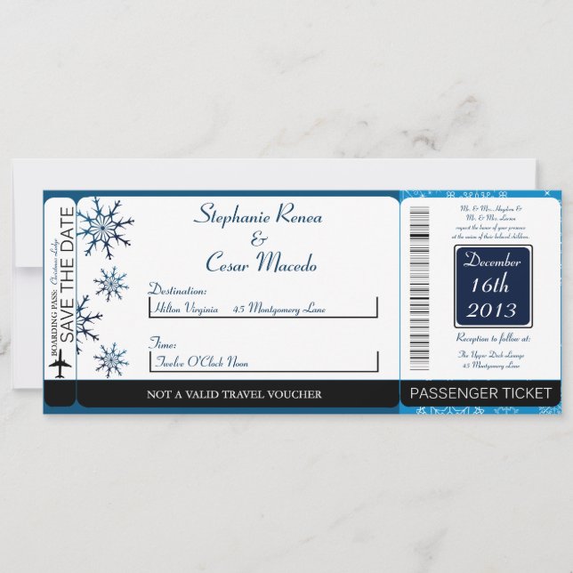 Blue Stars Boarding Pass Einladung Hochzeit (Vorderseite)