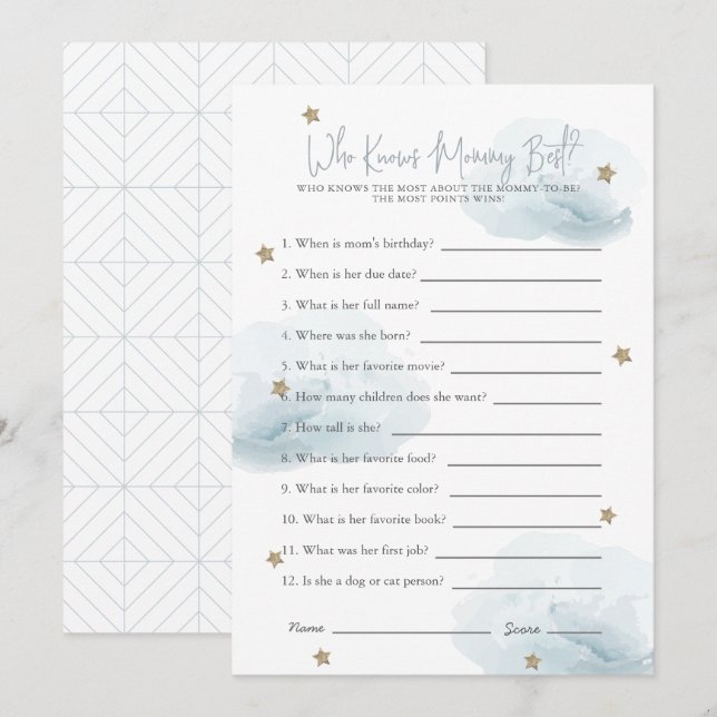 Blue Stars & Clouds Qui Connaît Maman Carte De Jeu (Devant / Derrière)