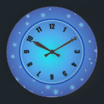 Blue Stars Große Wanduhr<br><div class="desc">10.75” round acrylic clock with an image of luminous blue stars on luminous blue. Easy-to-read clock face on a luminous orb with a dark blue and light blue border. See the entire Hanukkah Clock collection under the HOME category in the HOLIDAYS section.</div>