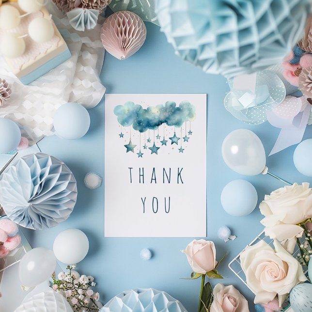 Blue stars merci carte à plat (Soft, pastel colours, starry sky, and fluffy clouds blue thank you card)