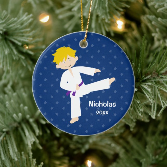 Blue Stars Purple Belt Taekwondo Boy Personalized Keramik Ornament (Baum)