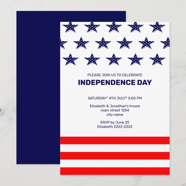 Blue Stars Red Stripes 4 juillet Invitations (Devant / Derrière)