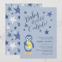 Blue Stars Winter Penguin Baby Dusche