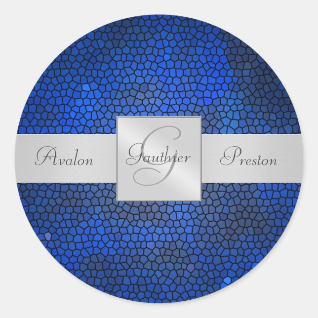 Blue Stated Glass Monogram Wedcker Runder Aufkleber (Vorderseite)