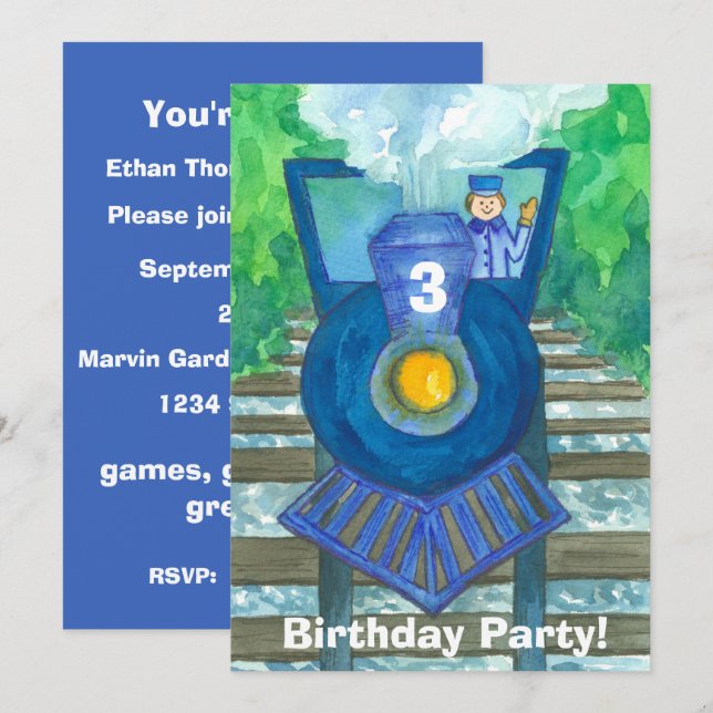 Blue Steam Train 3ème anniversaire fête Invitation (Devant / Derrière)