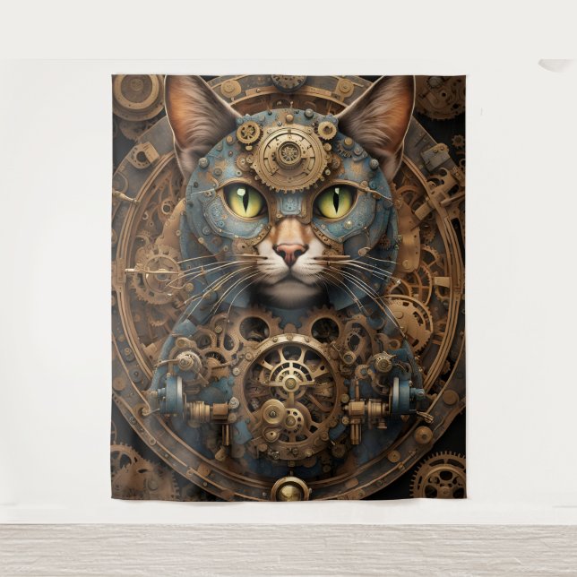 Blue Steampunk Cat AI Art Tapestry Wandteppich (Vorderseite)