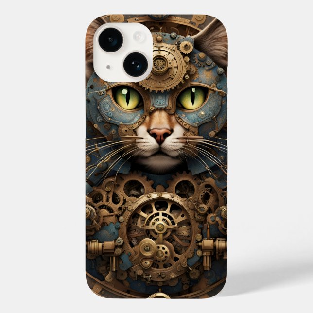 Blue Steampunk Cat KI art Case-Mate iPhone 14 Case (Rückseite)