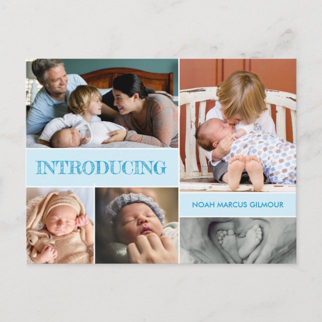 Blue stellt Second Baby Birth Foto Collage vor Ankündigungspostkarte (Vorderseite)