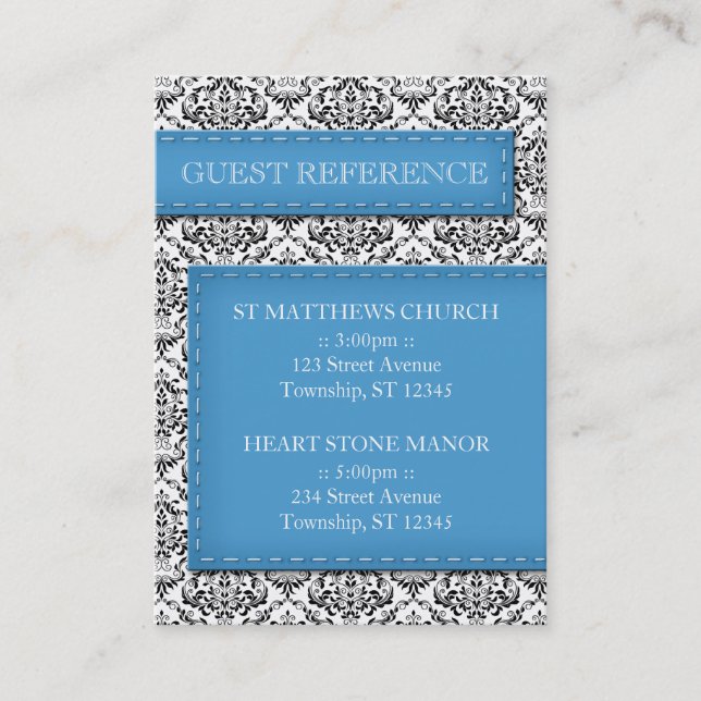 Blue Stitched Damask Wedding Guest Reference Cards Visitenkarte (Vorderseite)