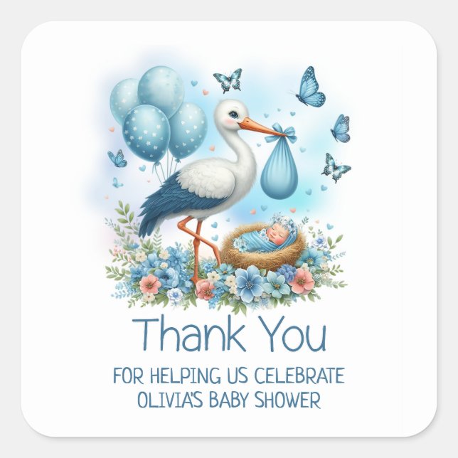 Blue Stork Baby Boy Baby Dusche Danke Quadratischer Aufkleber (Vorderseite)