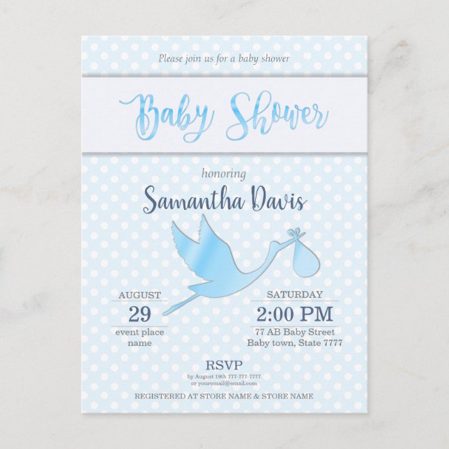 Blue Stork Baby Boy Baby Dusche Einladungspostkarte (Vorderseite)