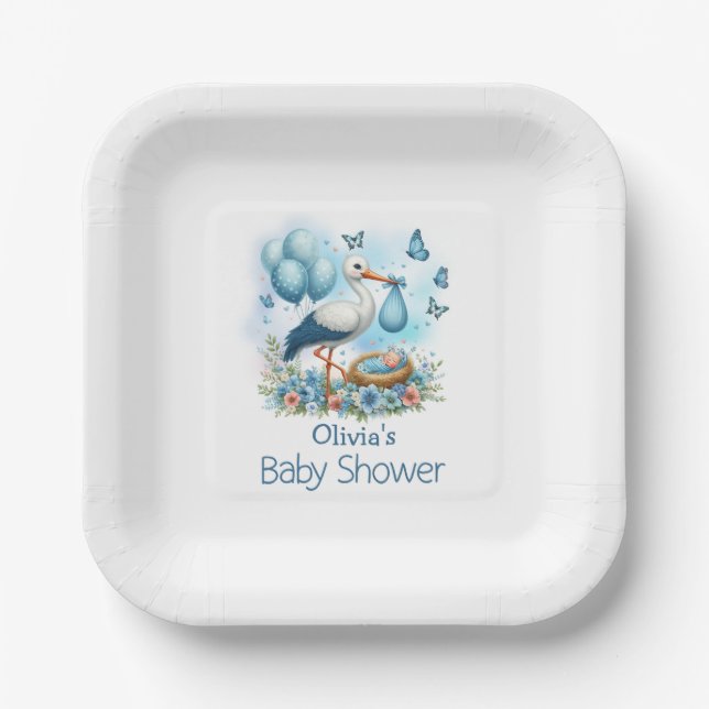 Blue Stork Baby Boy Baby Dusche Pappteller (Vorderseite)