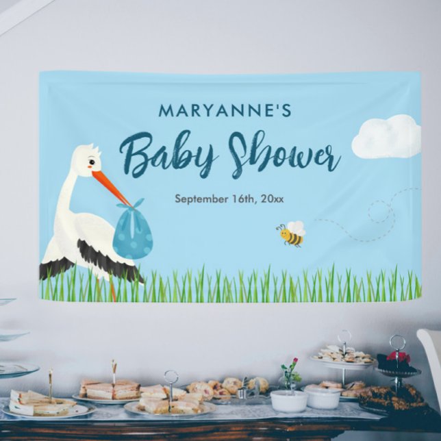 Blue Stork Baby Dusche Banner (Blue stork baby shower wall banner personalized with your info)