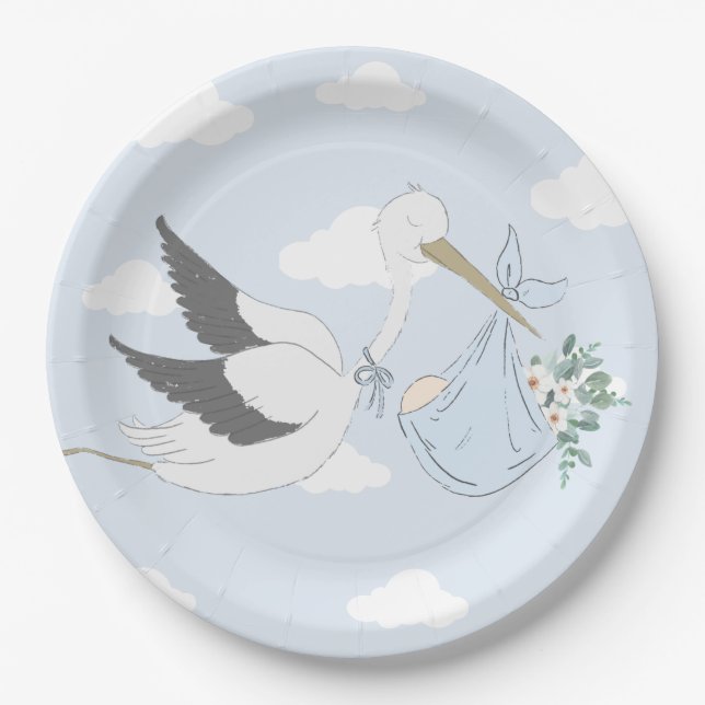 Blue Stork Baby Dusche Pappteller (Vorderseite)